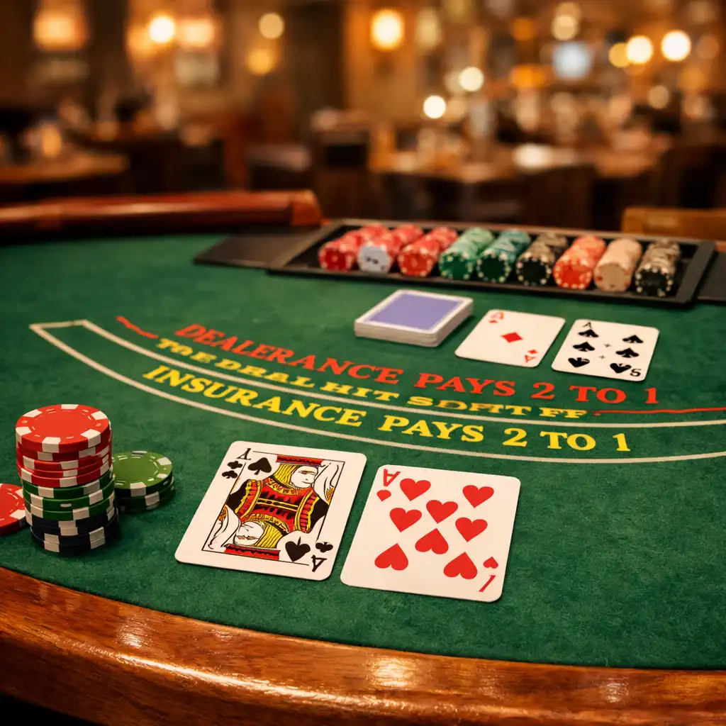 A blackjack table from a player's perspective with green felt, face-up cards, a stack of chips, and a warm restaurant interior