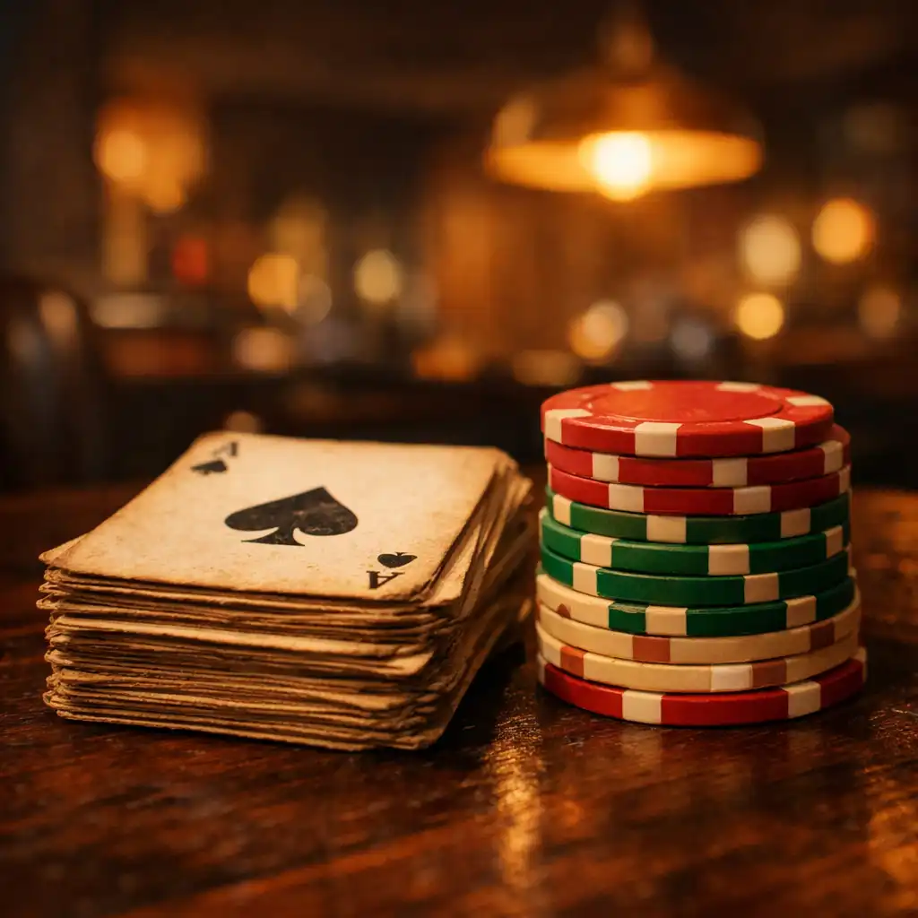A stack of vintage playing cards and a neat pile of clay poker chips on a dark wooden table under warm pendant light