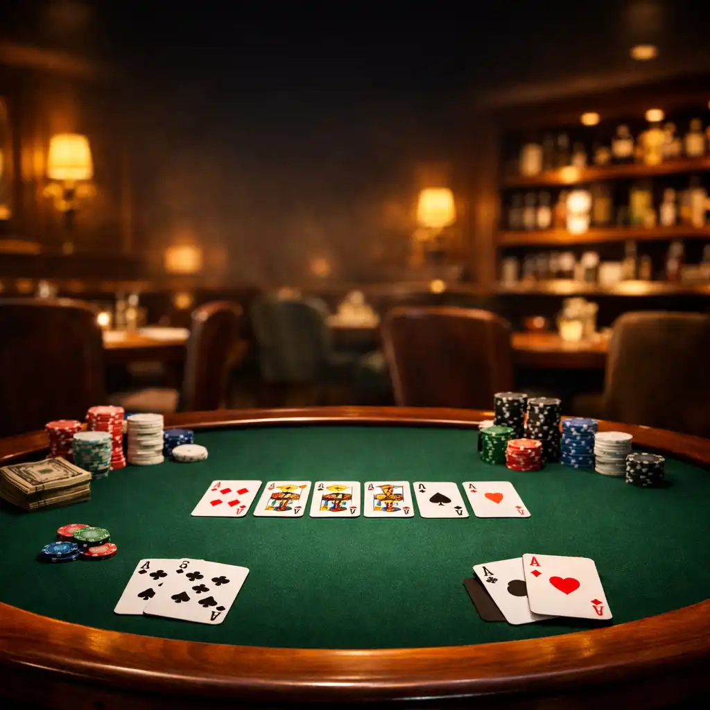 A classic poker table with green felt surface, wooden rim, cards, and chips in a dimly lit restaurant corner