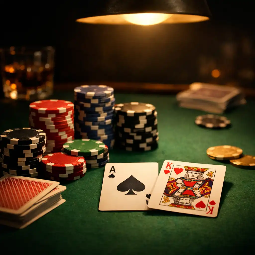 A moody poker table setting with green felt, clay chips, and playing cards under warm light