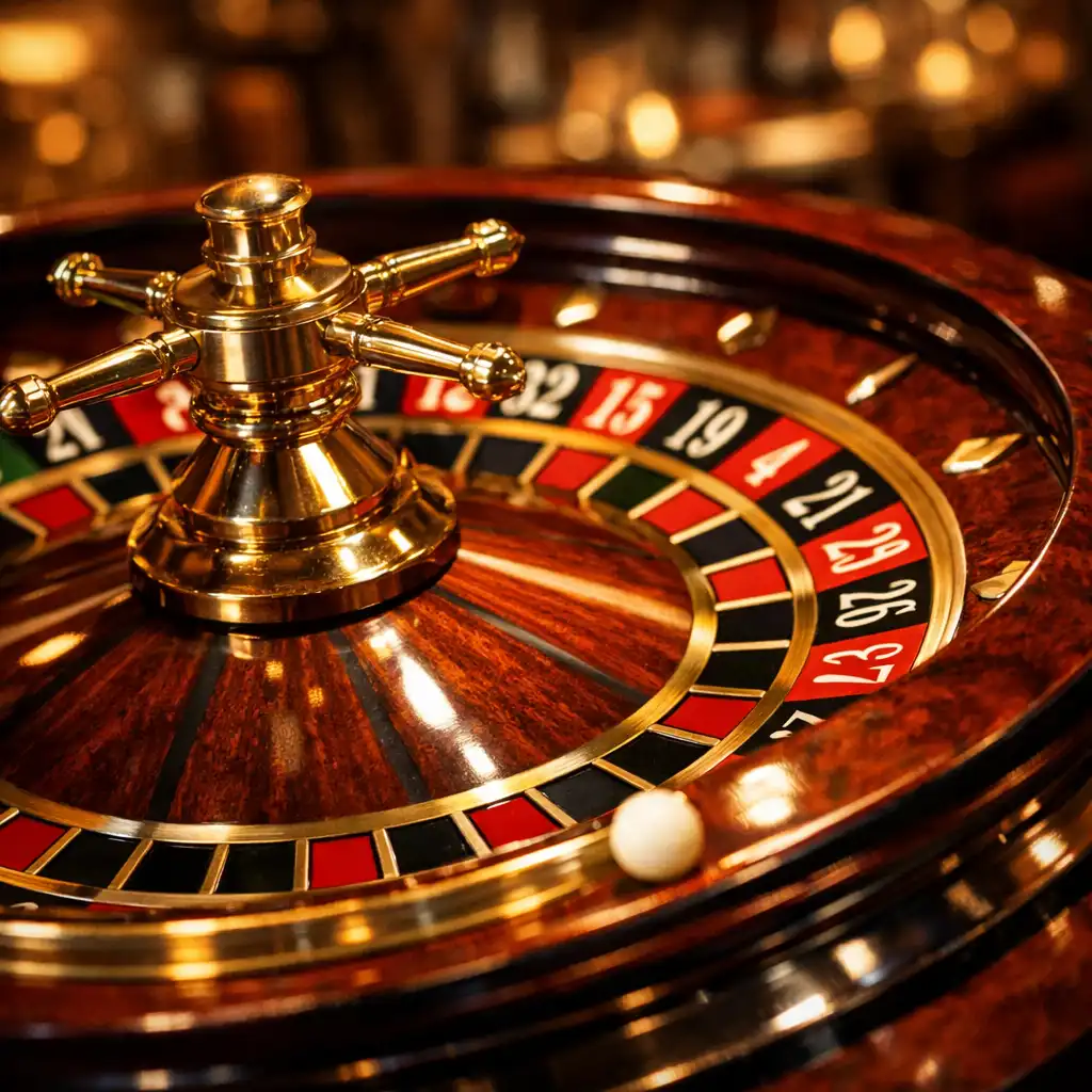 A close-up of a roulette wheel in motion with polished wood, brass details, and a visible ball