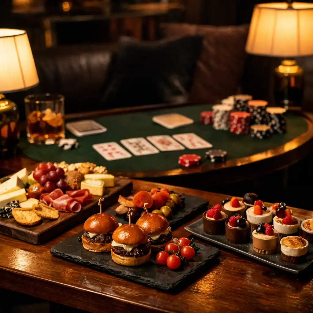 An elegant evening scene with light bites and a physical poker setup in a dimly lit restaurant lounge