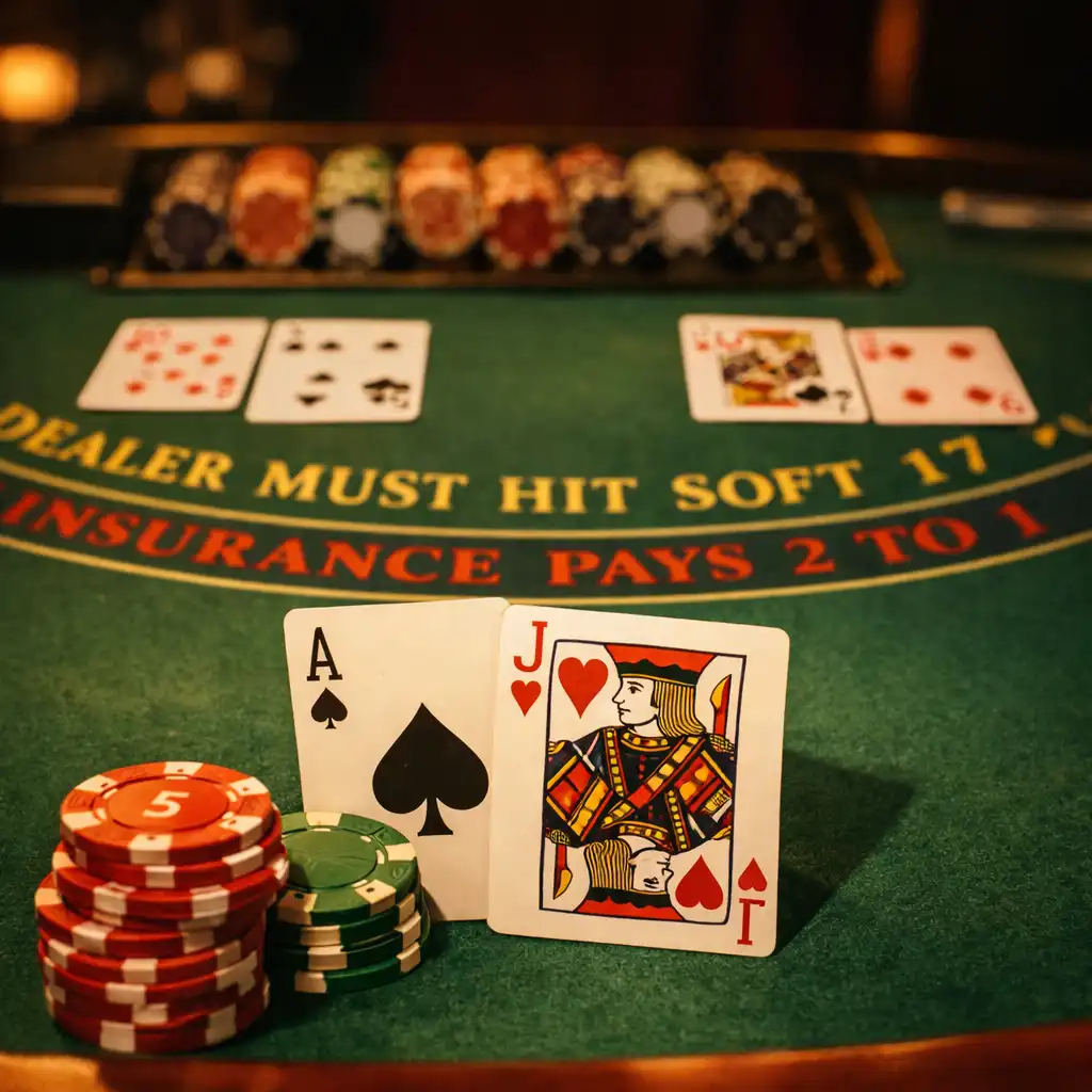 A blackjack table with green felt, playing cards, and chips from a player's perspective