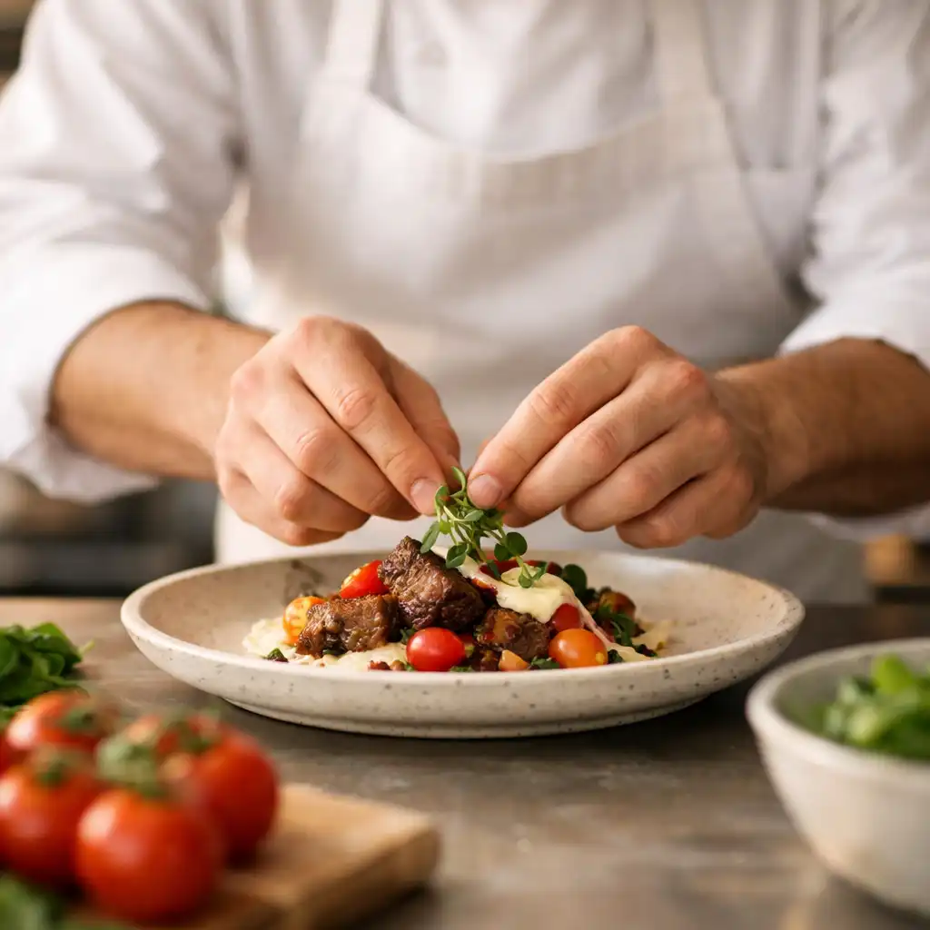 A chef carefully plating a dish with fresh ingredients on the counter