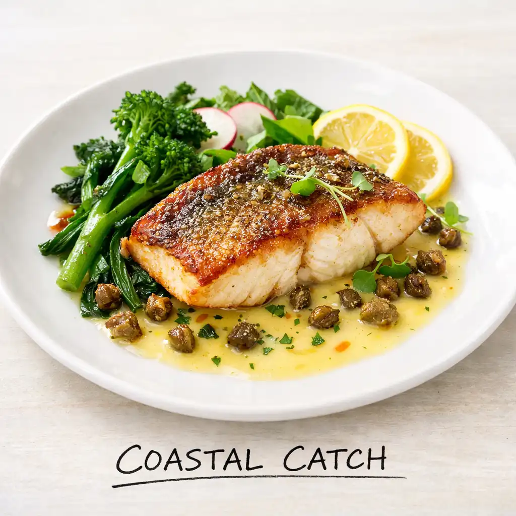 Coastal Catch dish with pan-seared market fish, citrus beurre blanc, seasonal greens, and crispy capers