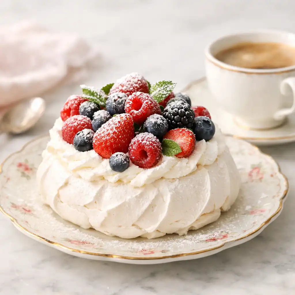 A delicate pavlova topped with fresh berries and a dusting of powdered sugar on a vintage-style plate