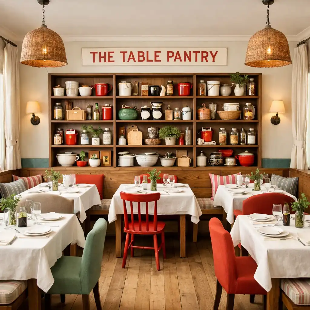 Main dining room with open shelving, mixed seating, and natural light
