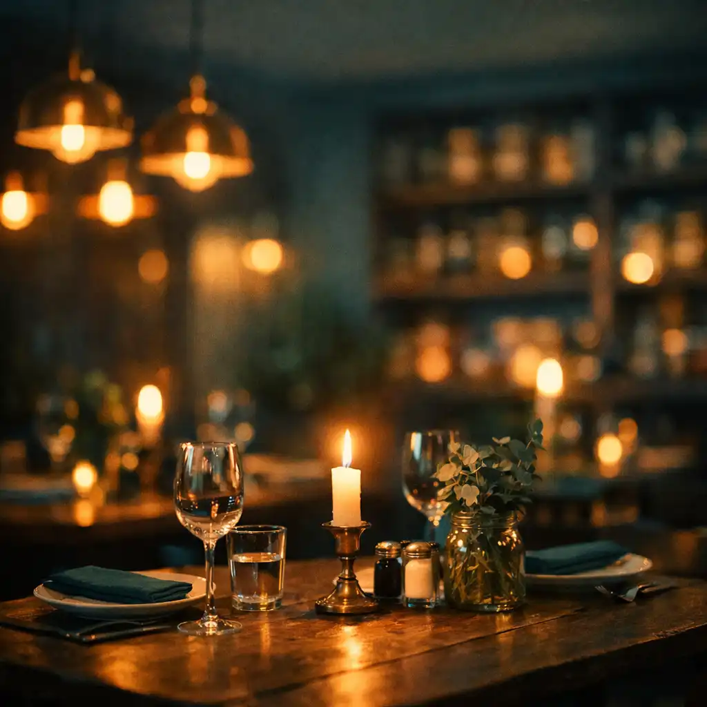 Evening dining room with warm pendant lights and candles on tables