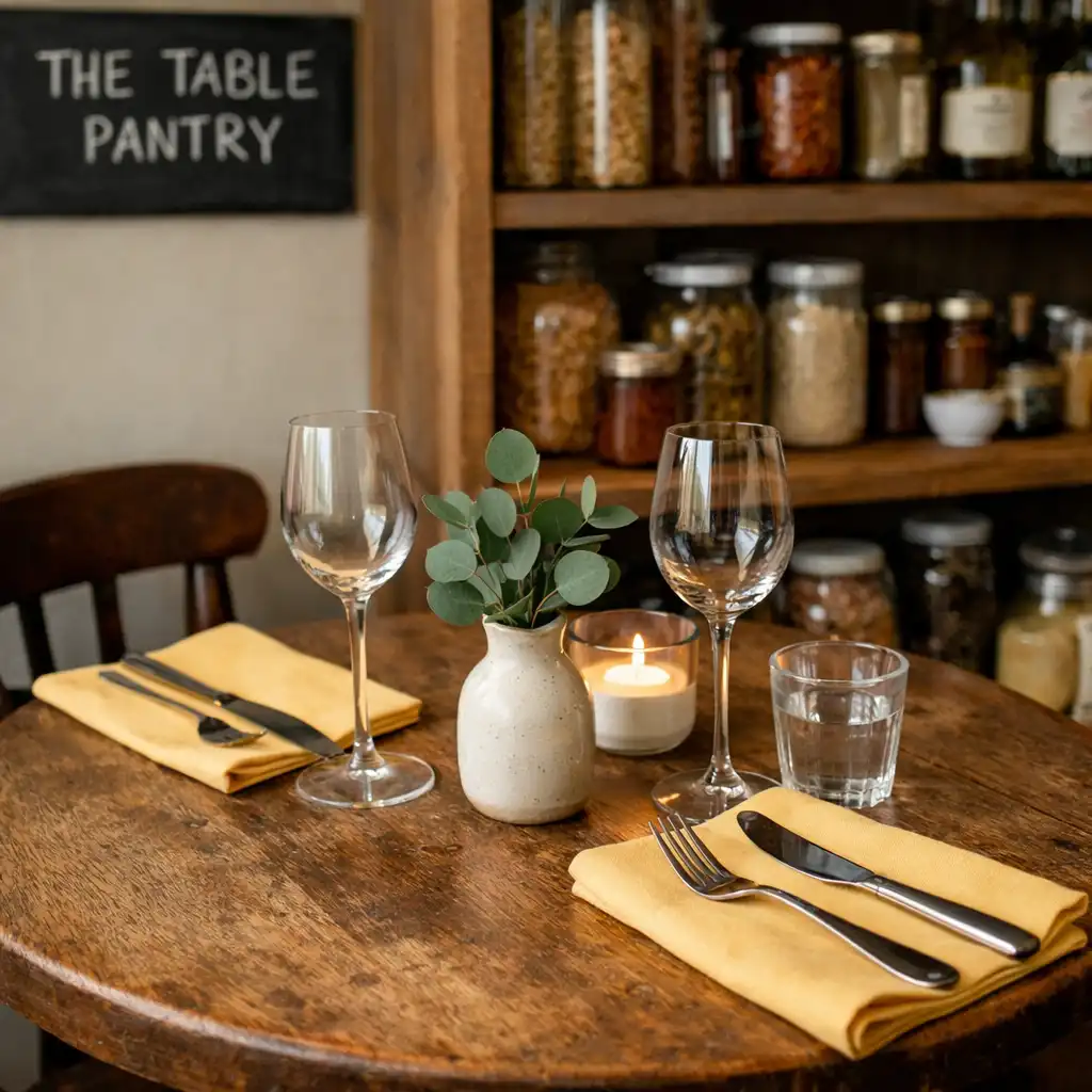 Intimate table for two with a butter yellow napkin and eucalyptus vase
