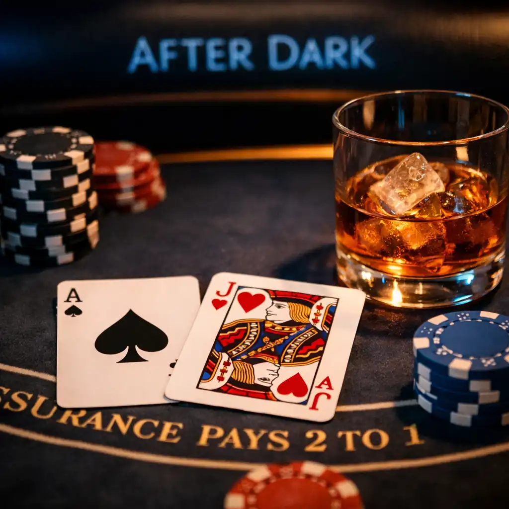 Close-up of a blackjack table with cards and chips