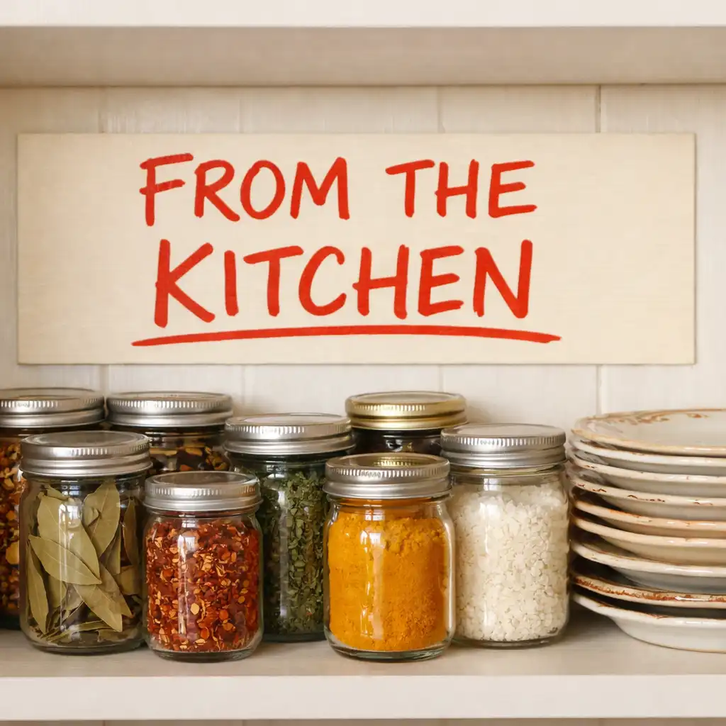 Pantry shelf with a handwritten label reading From the Kitchen