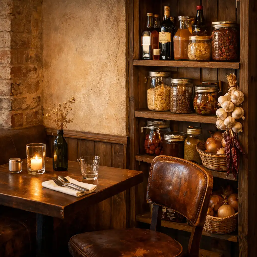 A detail of the restaurant interior showing a corner with a small table, a chair, and a shelf with pantry items
