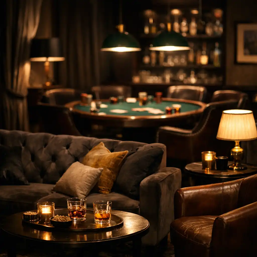 A view of the evening lounge area with a poker table in the background, soft lighting, and comfortable seating