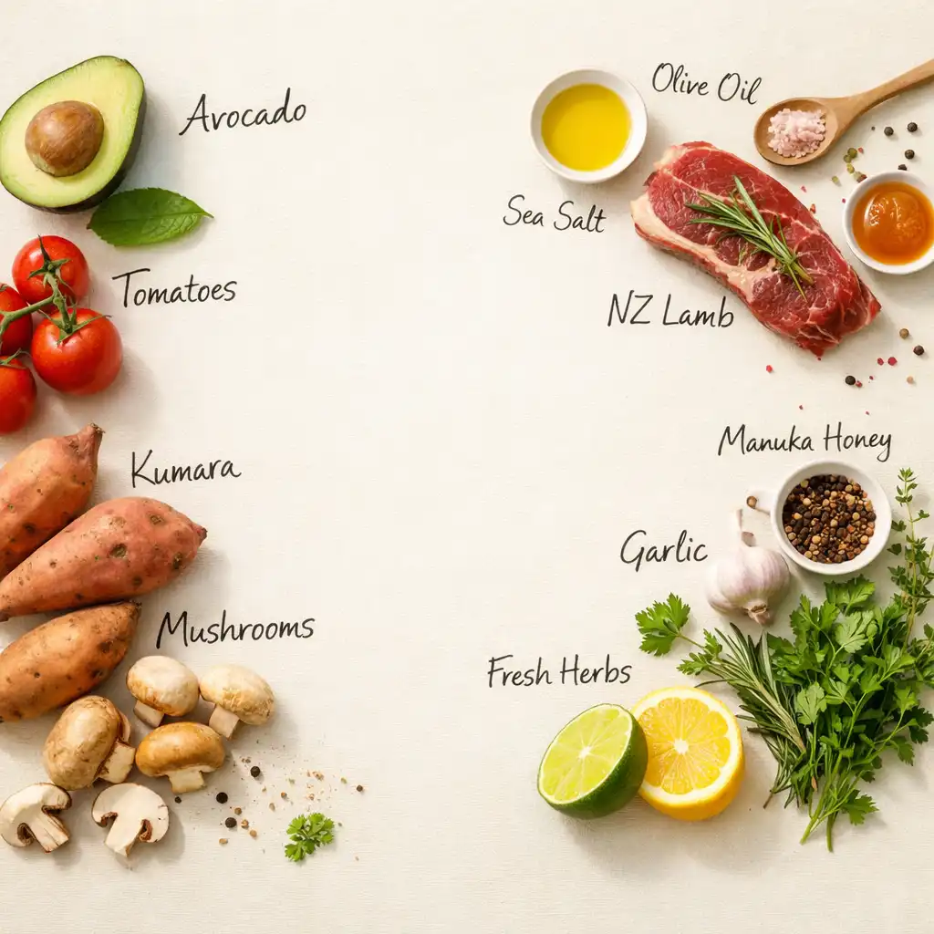 Fresh New Zealand vegetables, herbs, and spices arranged on a warm off-white background