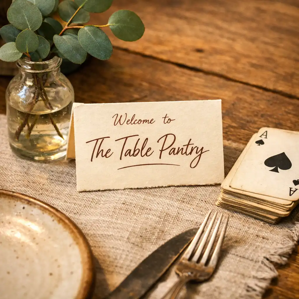 A table setting with a handwritten label card, a small vase of eucalyptus, and a deck of cards placed casually on the side