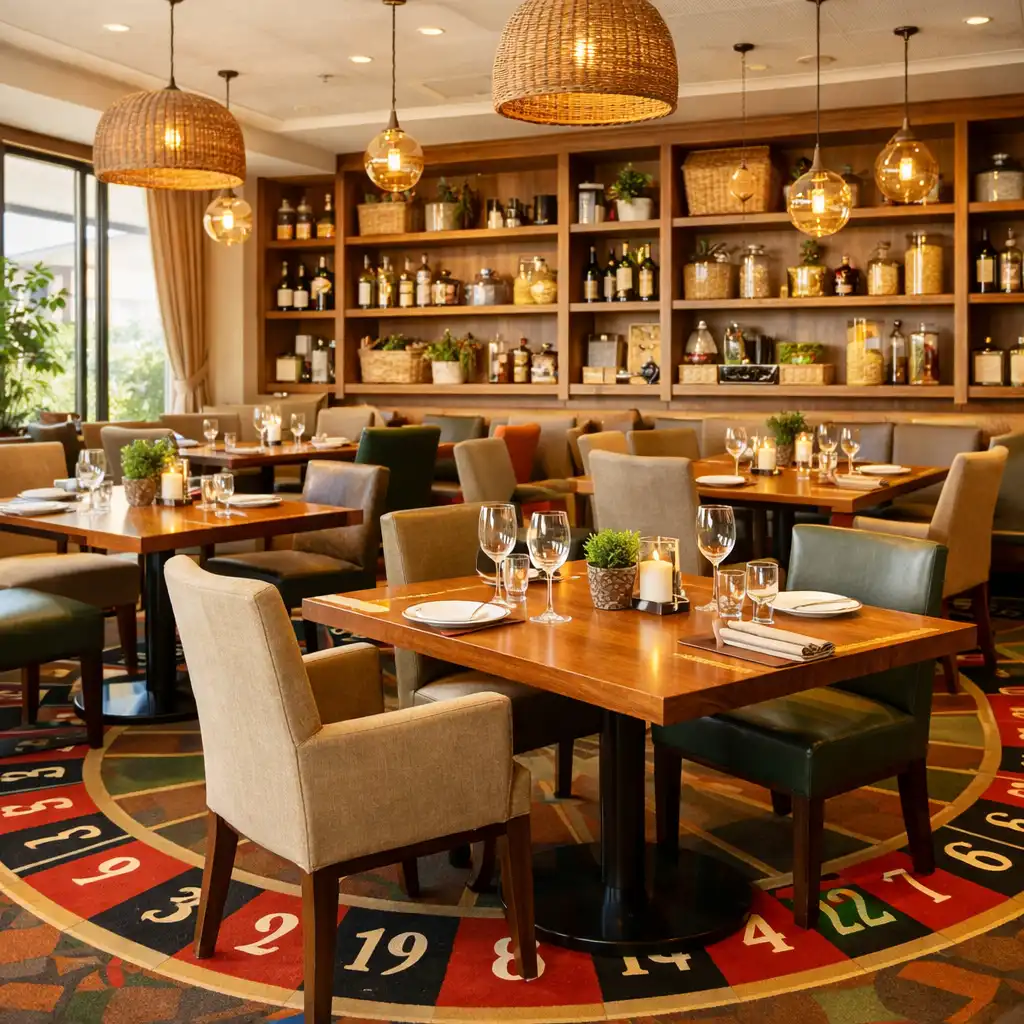 The main dining room at The Table Pantry with warm wooden tables, comfortable chairs, and open shelving