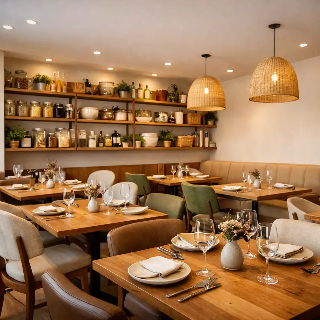 A modern restaurant dining room with warm off-white walls, open shelving, wooden tables, and comfortable chairs