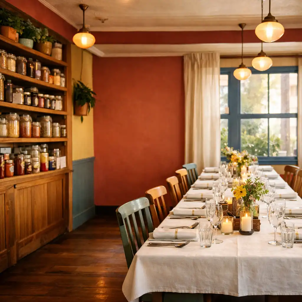Warm dining room at The Table Pantry with open shelving, labelled jars, and a set table in natural light