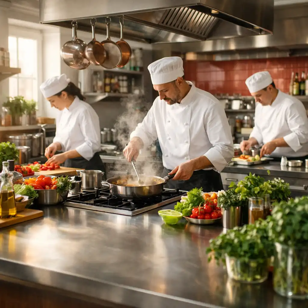 Chefs working with fresh ingredients in The Table Pantry kitchen
