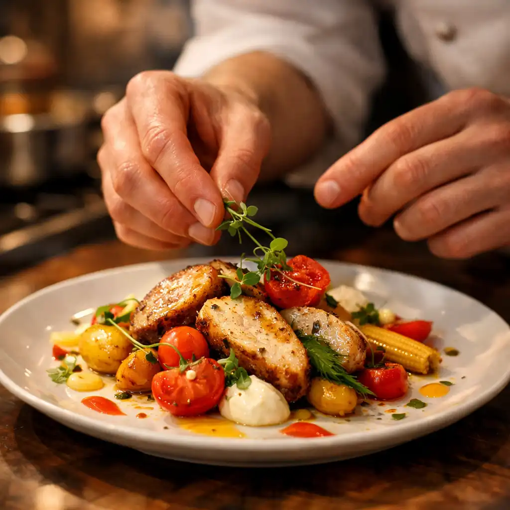 Chef plating a seasonal dish with care in The Table Pantry kitchen