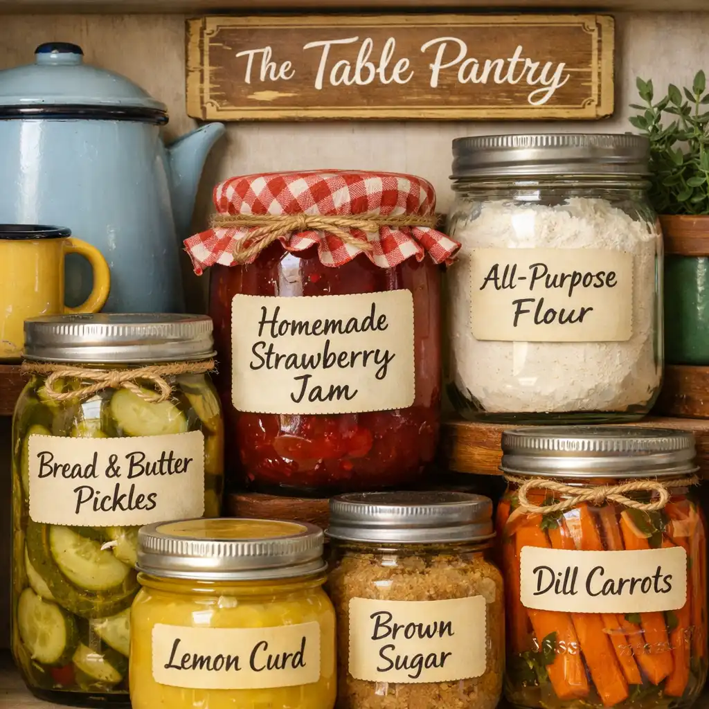 Close-up of labelled jars, preserves, and vintage tools on a pantry shelf