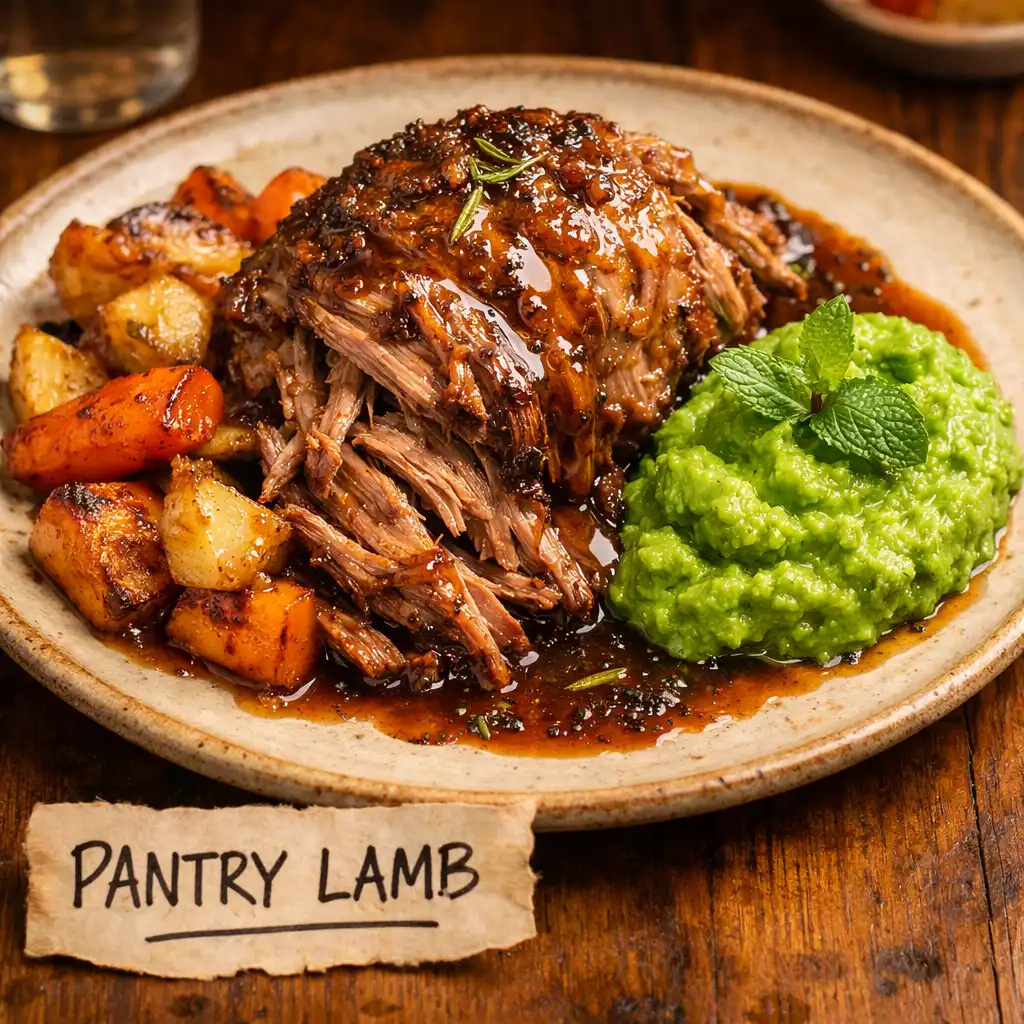 The Pantry Lamb dish with slow-cooked Canterbury lamb shoulder, rosemary jus, roasted root vegetables, and minted pea purée