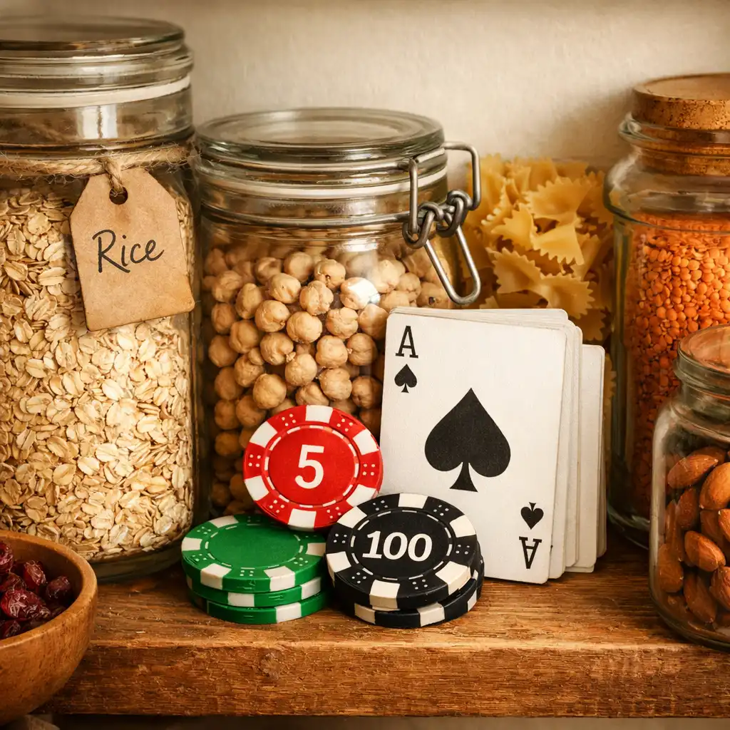 A pantry shelf with glass jars, dried goods, and a small deck of playing cards and poker chips tucked among the ingredients