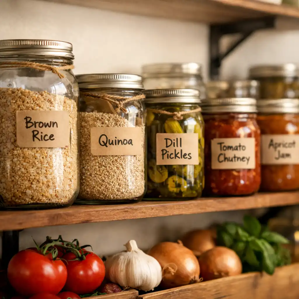 A well-stocked pantry shelf with glass jars, handwritten labels, pickles, and fresh produce