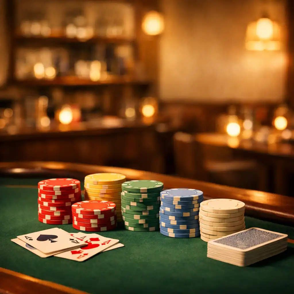 A warmly lit poker table with green felt, colourful chips, and playing cards in an elegant restaurant setting