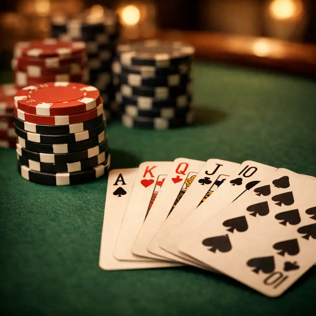 A close-up of a poker table with professional felt, clay chips, and playing cards