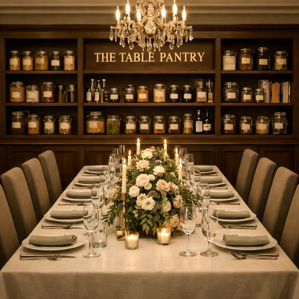 Private dining room with a long table set for twelve guests and warm lighting