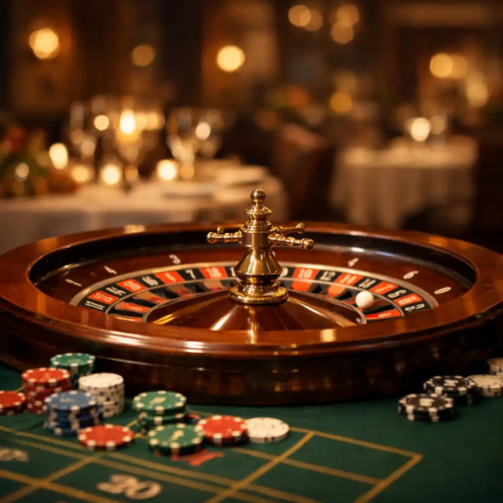 An elegant roulette table in a dimly lit, sophisticated restaurant setting