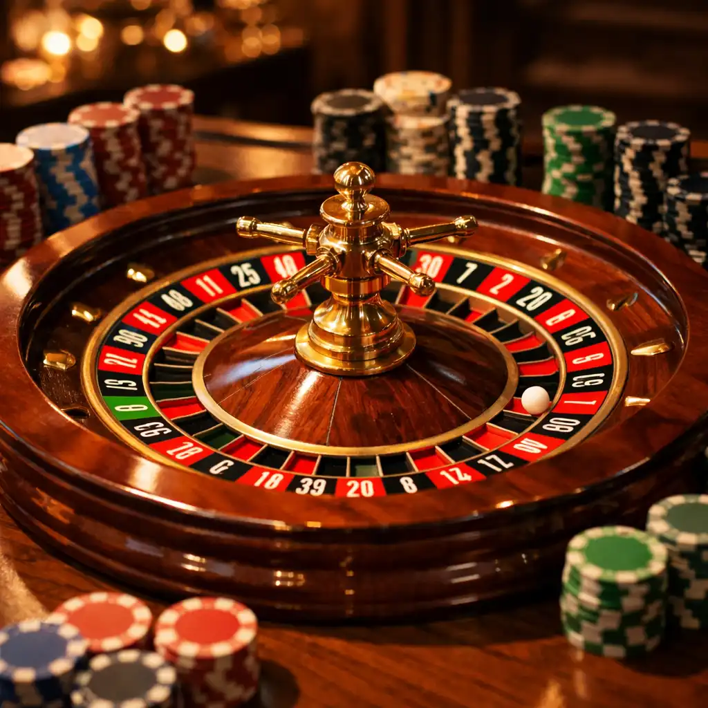 A classic European roulette wheel on a wooden table with the ball resting in a pocket