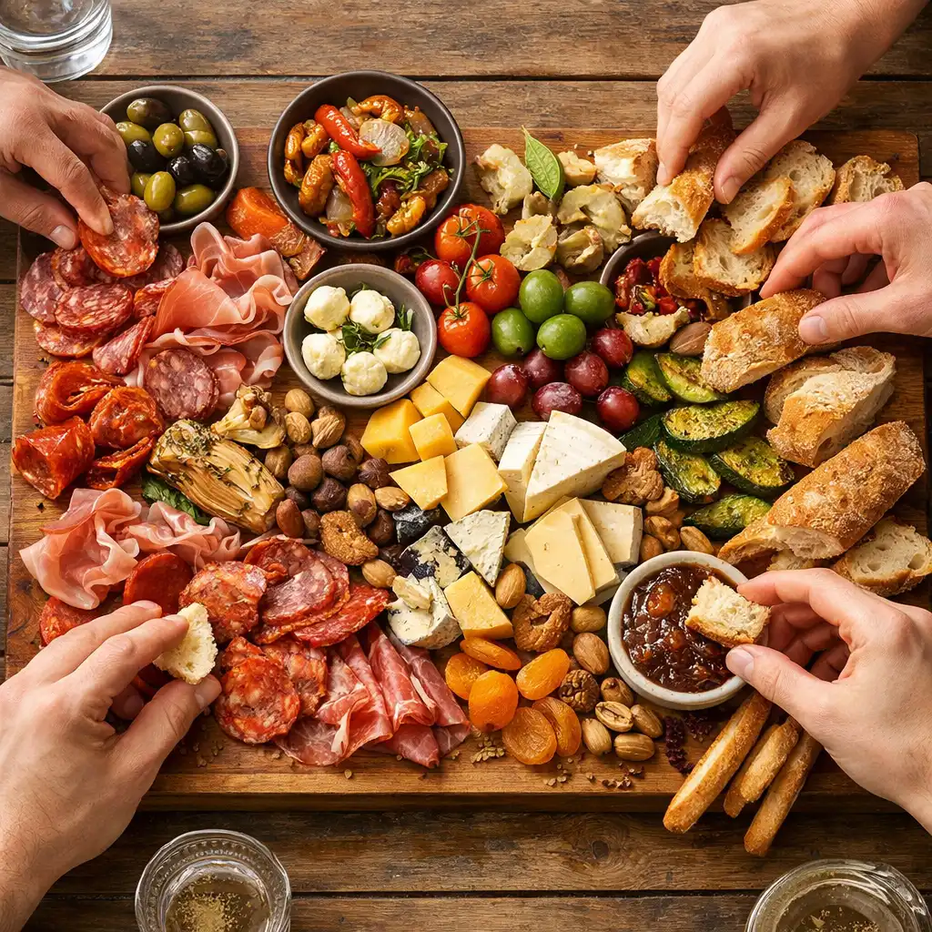 A large wooden board filled with cured meats, cheeses, olives, roasted vegetables, and artisan bread for sharing