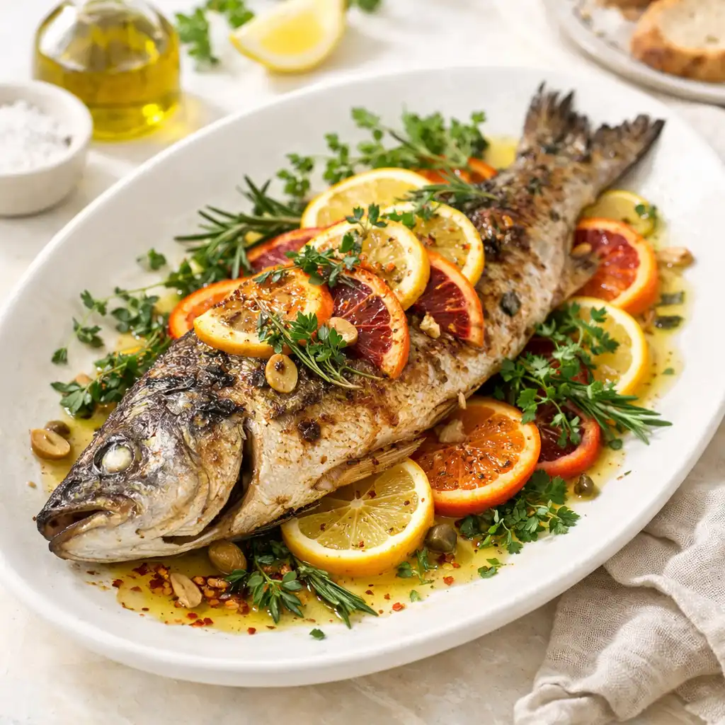 Whole roasted fish with citrus, herbs, and olive oil