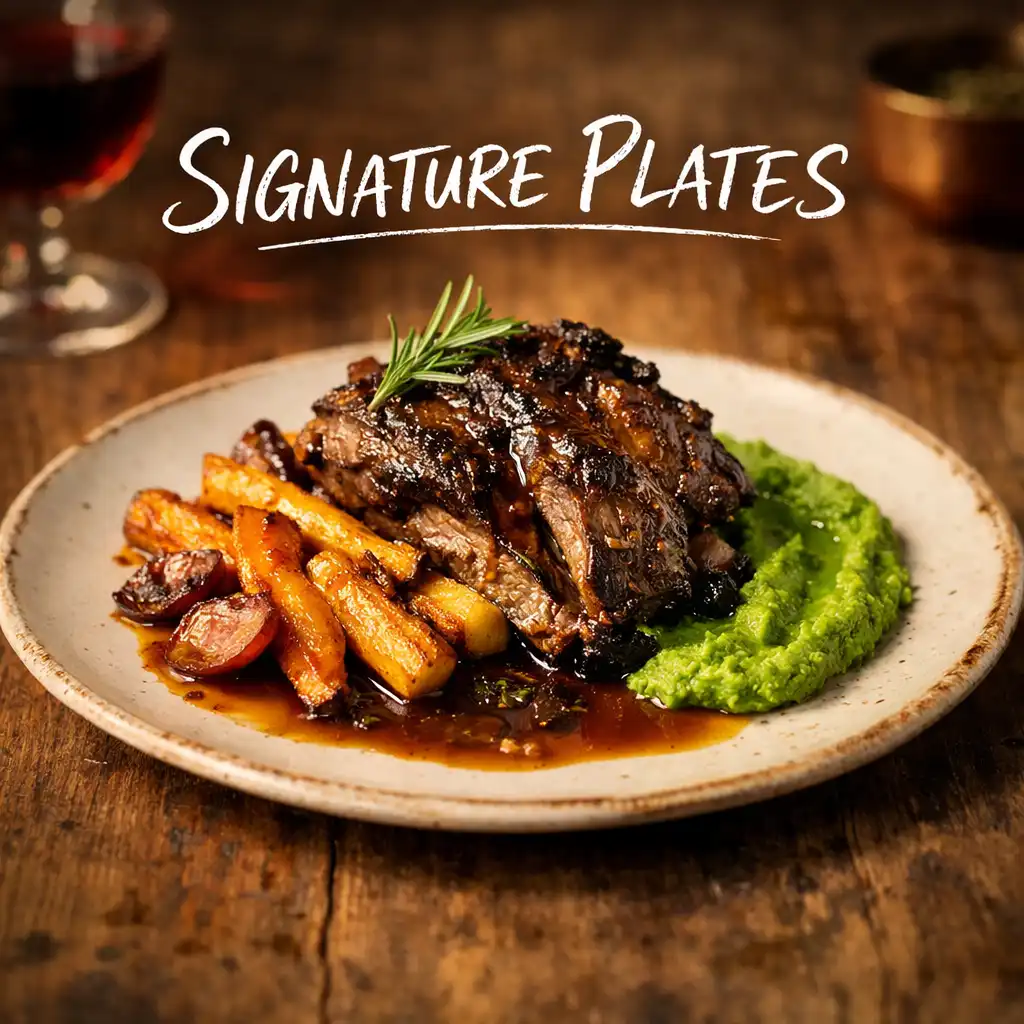 Slow-cooked lamb shoulder with rosemary jus, roasted root vegetables, and minted pea purée on a rustic wooden table