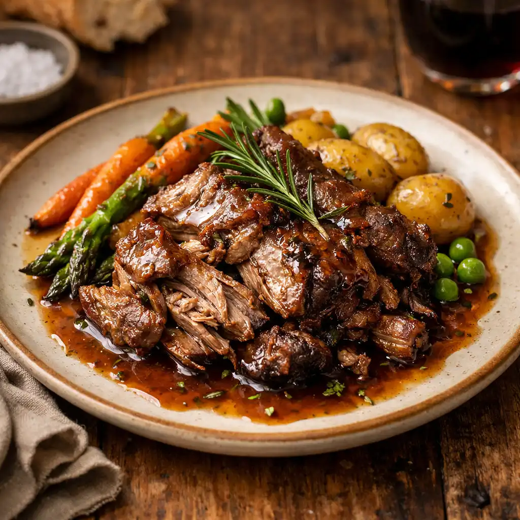 Slow-cooked lamb shoulder with seasonal vegetables and rosemary jus