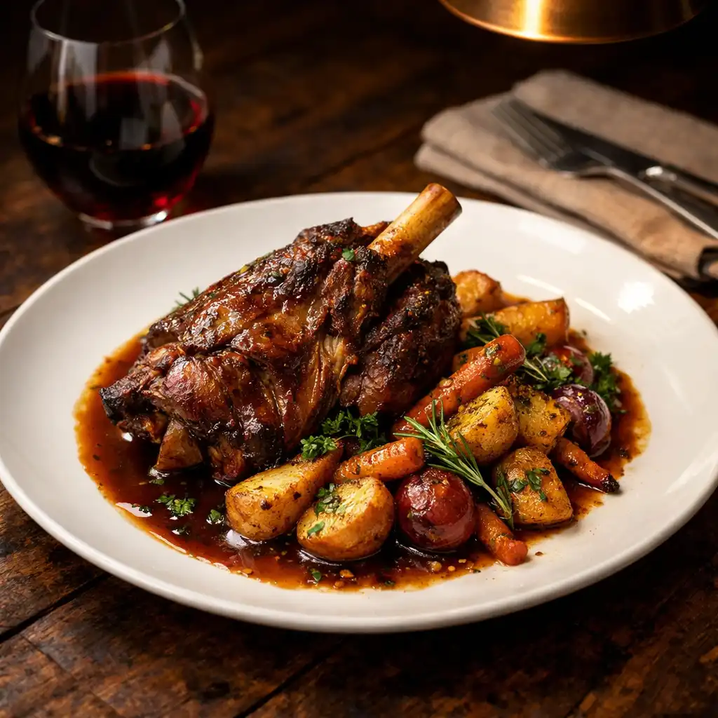 A hearty main course of slow-roasted lamb with roasted root vegetables and a rich jus on a dark wooden table