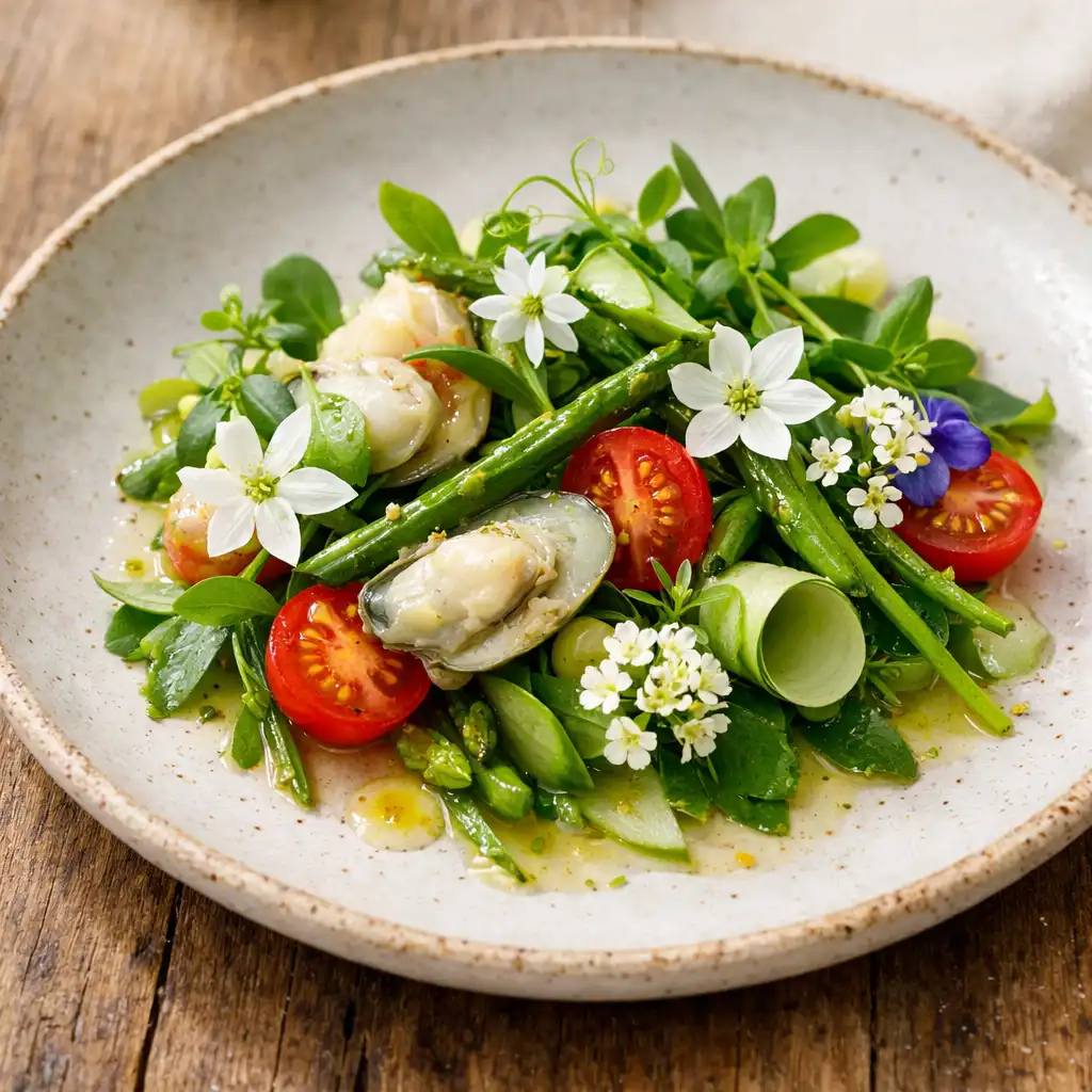 A beautifully plated starter with fresh greens, edible flowers, and a light vinaigrette on a rustic wooden table