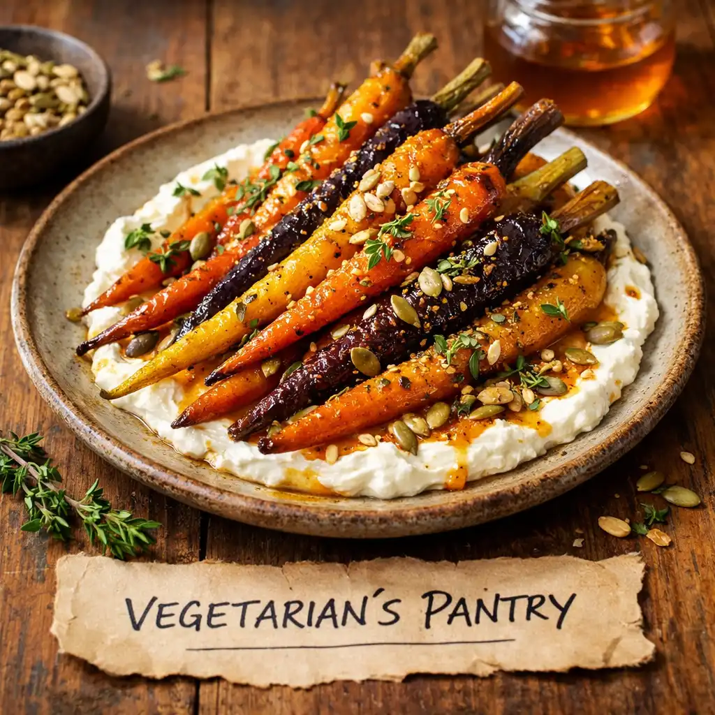 The Vegetarian's Pantry dish with roasted heirloom carrots, whipped feta, toasted seeds, and honey-thyme glaze